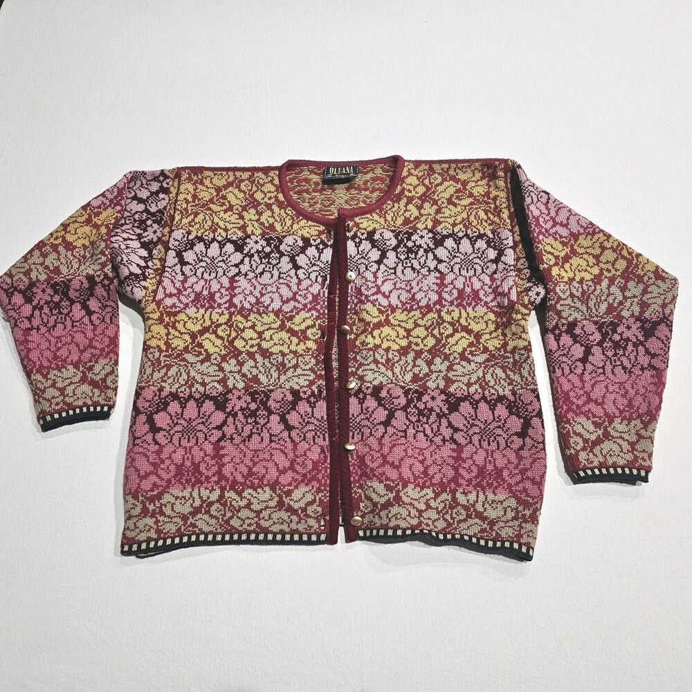 OLEANA Multicolor Floral 100% Pure New Wool Long Sleeve Cardigan Sweater Size L - Picture 5 of 14